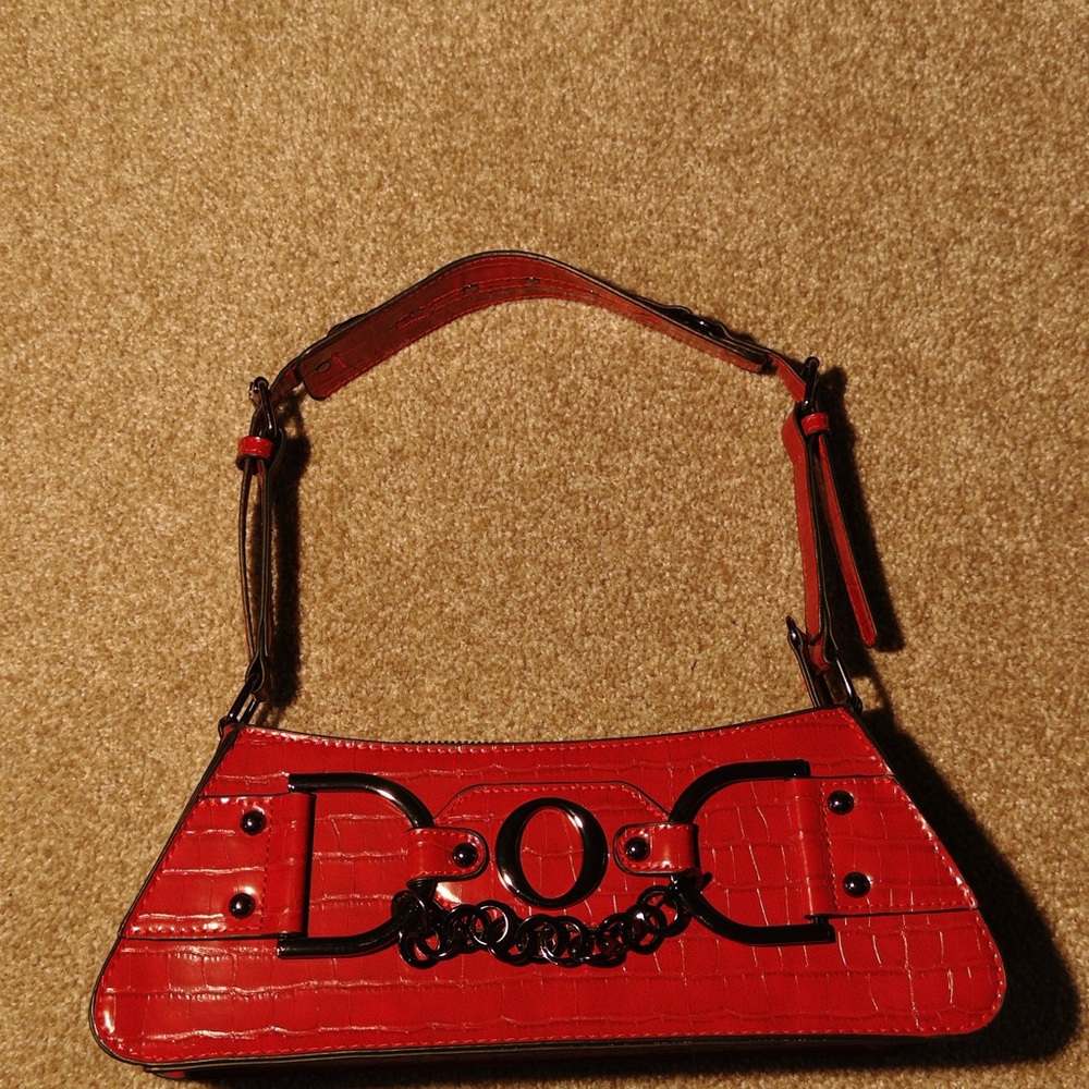 Red Faux Crocodile Leather Shoulder Bag